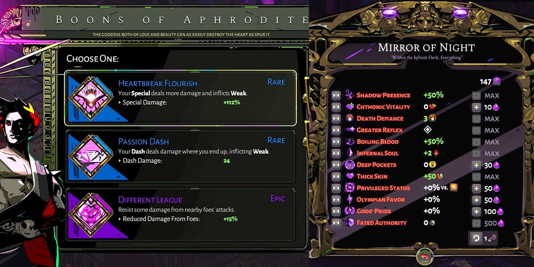 Hades Game Aphrodite Boon List And Mirror Of The Night Split Image