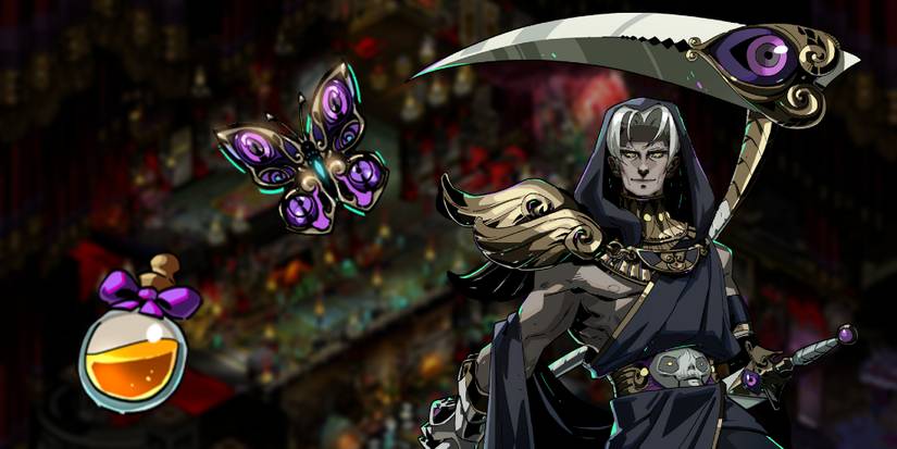 Hades thatanos in front of the house of hades with nectar and the pierced butterfly