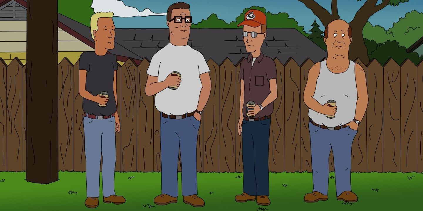 Hank, Bill, Dale, and Boomhauer drinking beer in King of the Hill