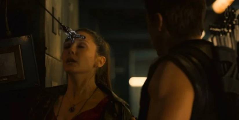 Hawkeye stuns Wanda with an arrow