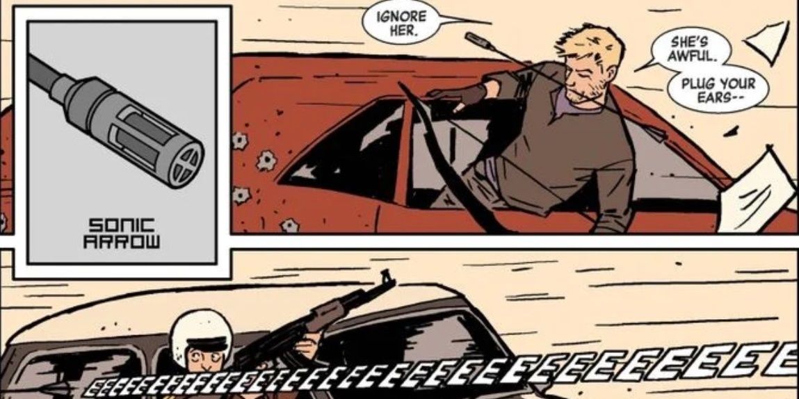Hawkeye uses his sonic arrow