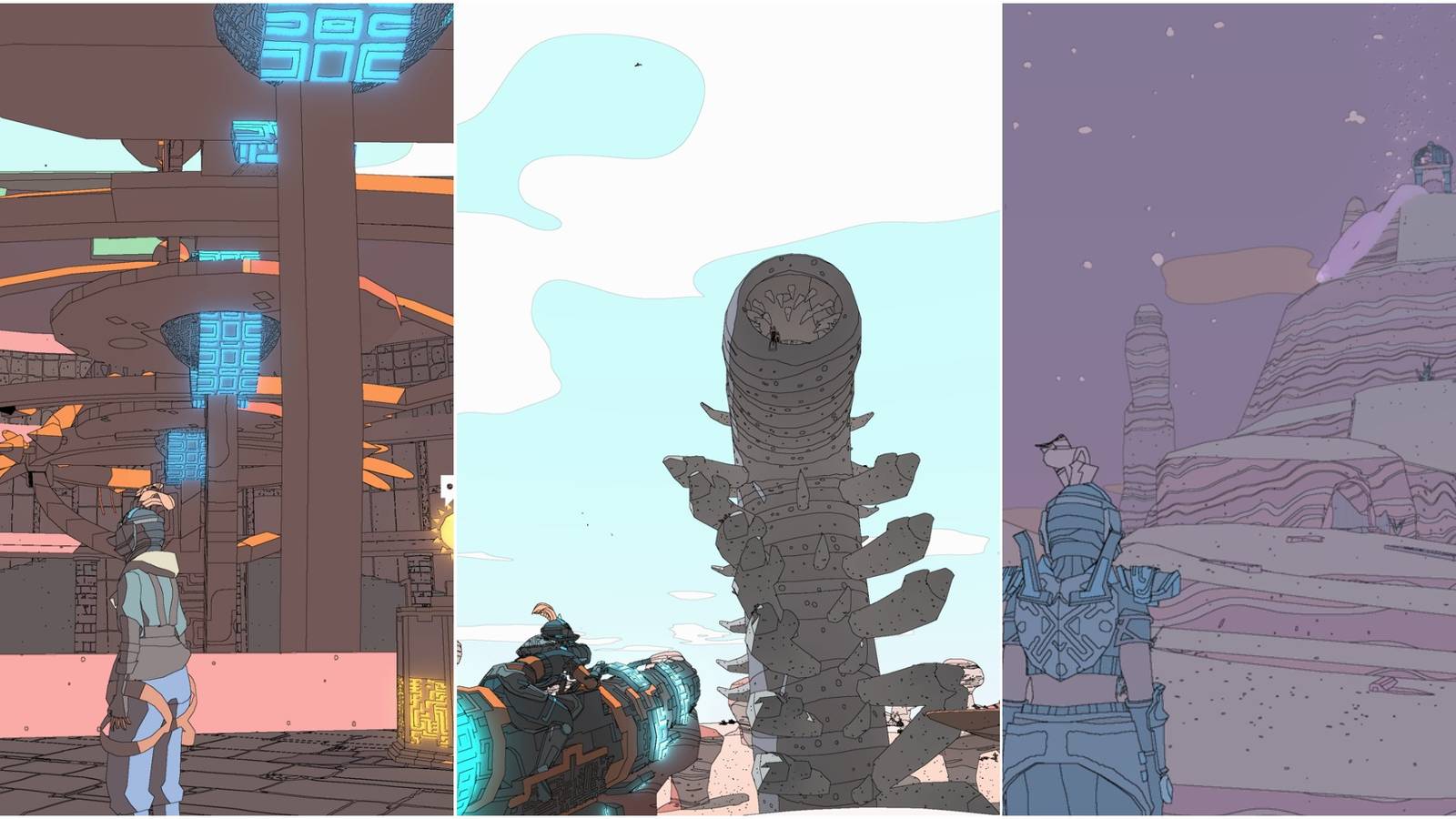 Three images: Sable in front of a large mechanism; a large, stone worm rising to the sky; and a glowing temple in the distance