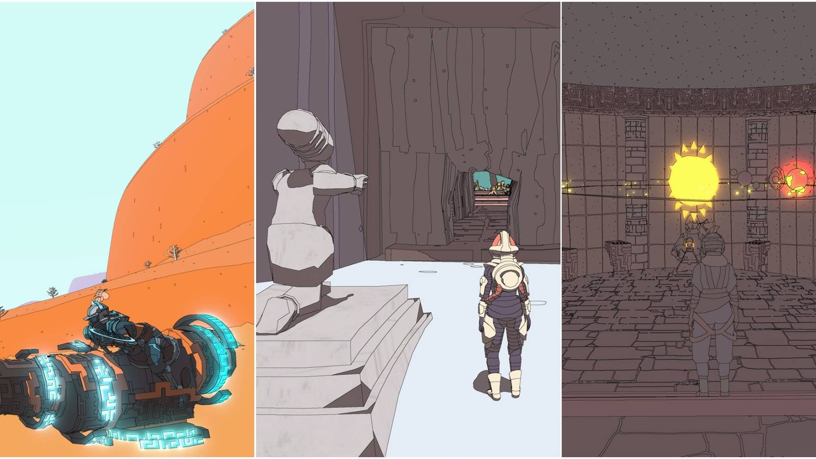 Knight on an ancient, runic hoverbike; astronaut next to statue of an archer in front of a small cave; person standing in front of a solar system model