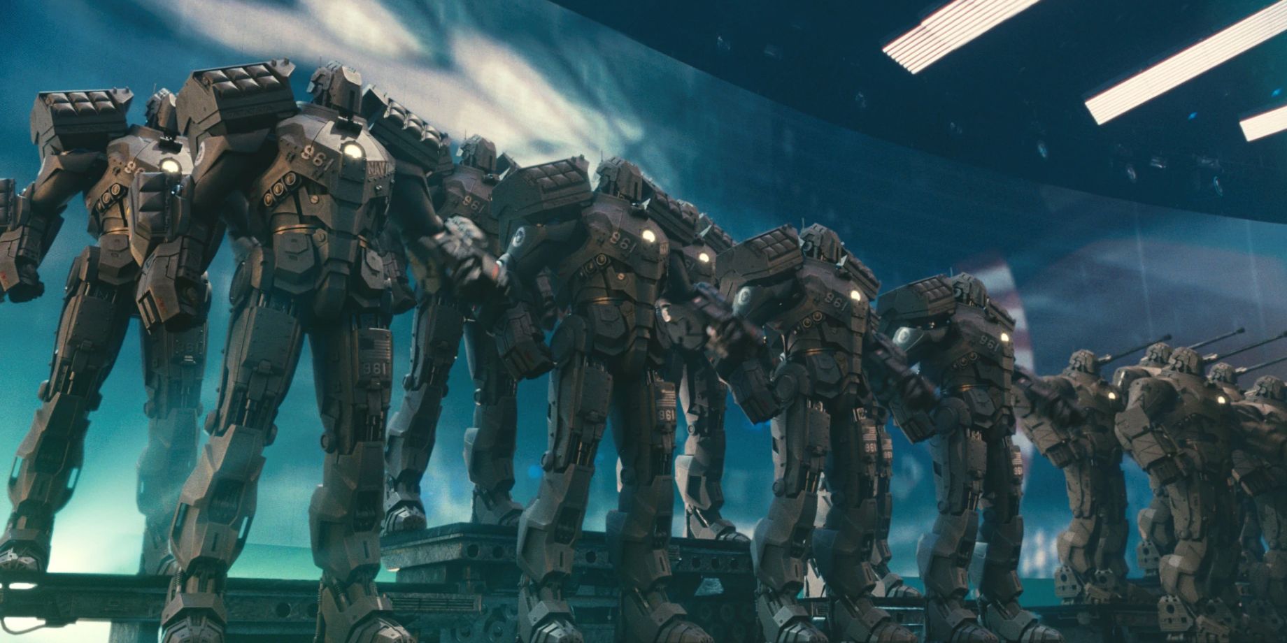 Hammer drones line the stage in Iron Man 2
