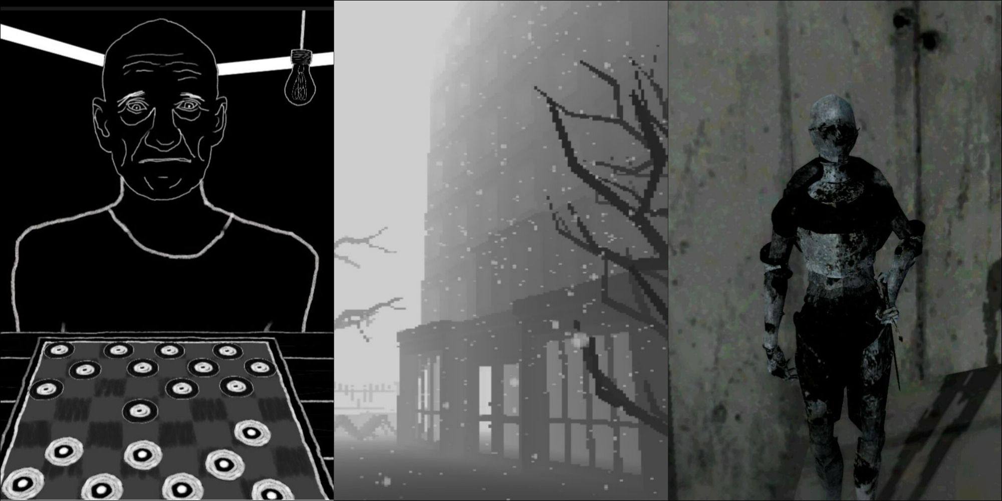 Atmospheric black and white shots from One Last Game, The Drowning Machine, and 0_abyssalSomewhere
