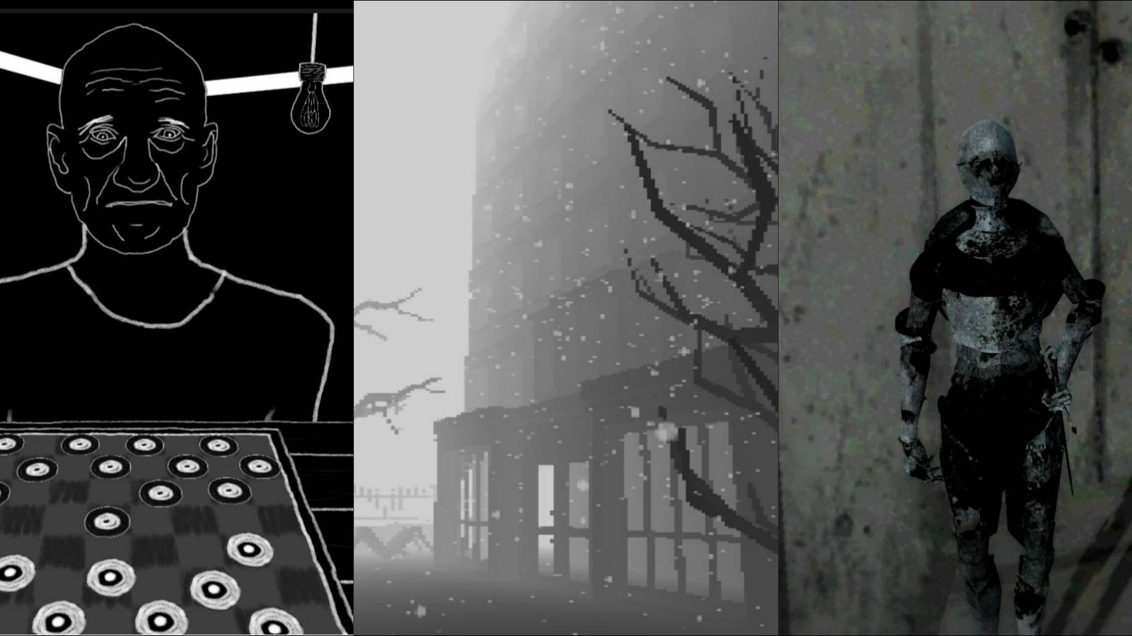 Atmospheric black and white shots from One Last Game, The Drowning Machine, and 0_abyssalSomewhere