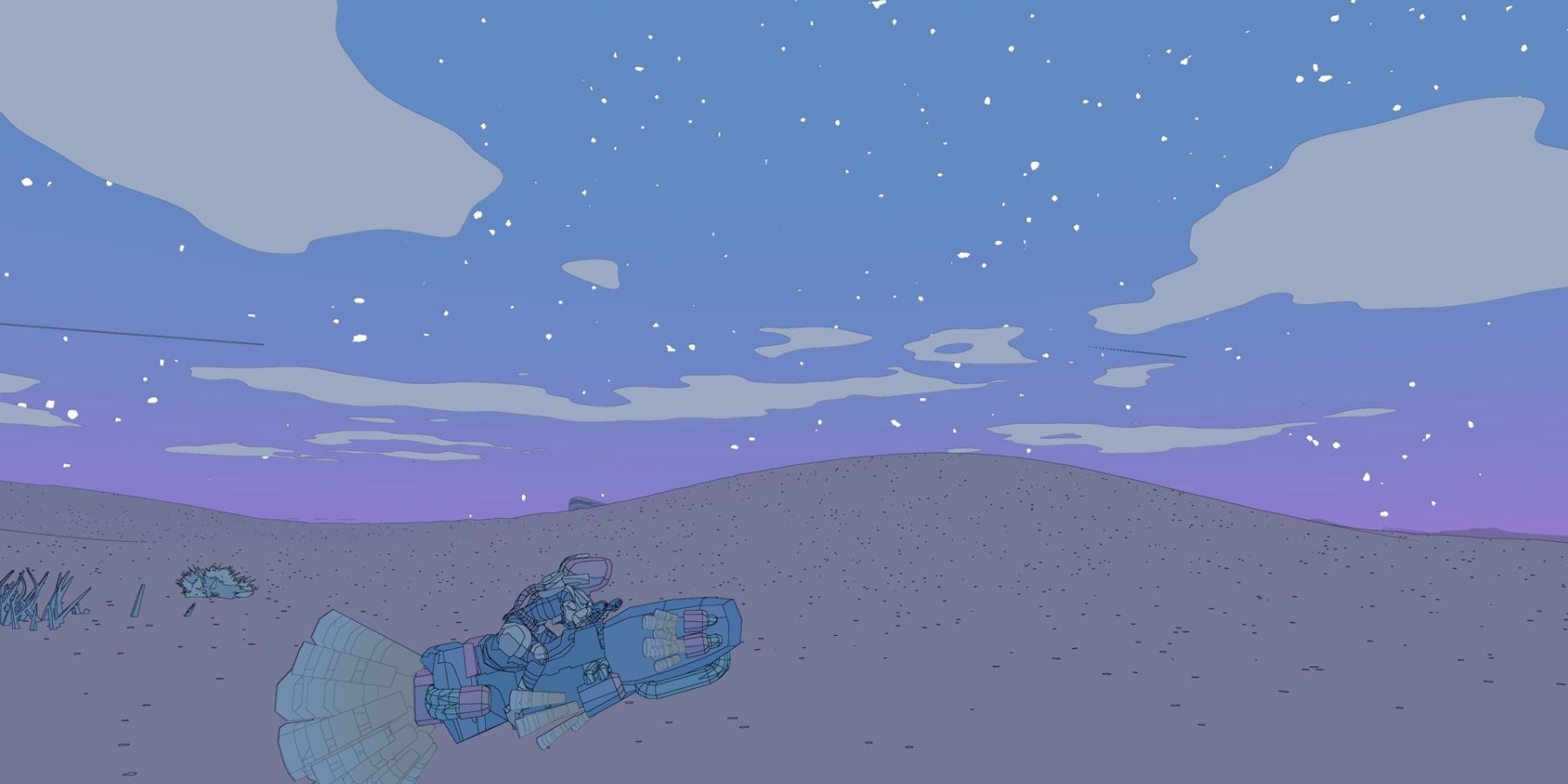 Sable in foreground on jetbike in front of a sand dune and blue/purple night sky