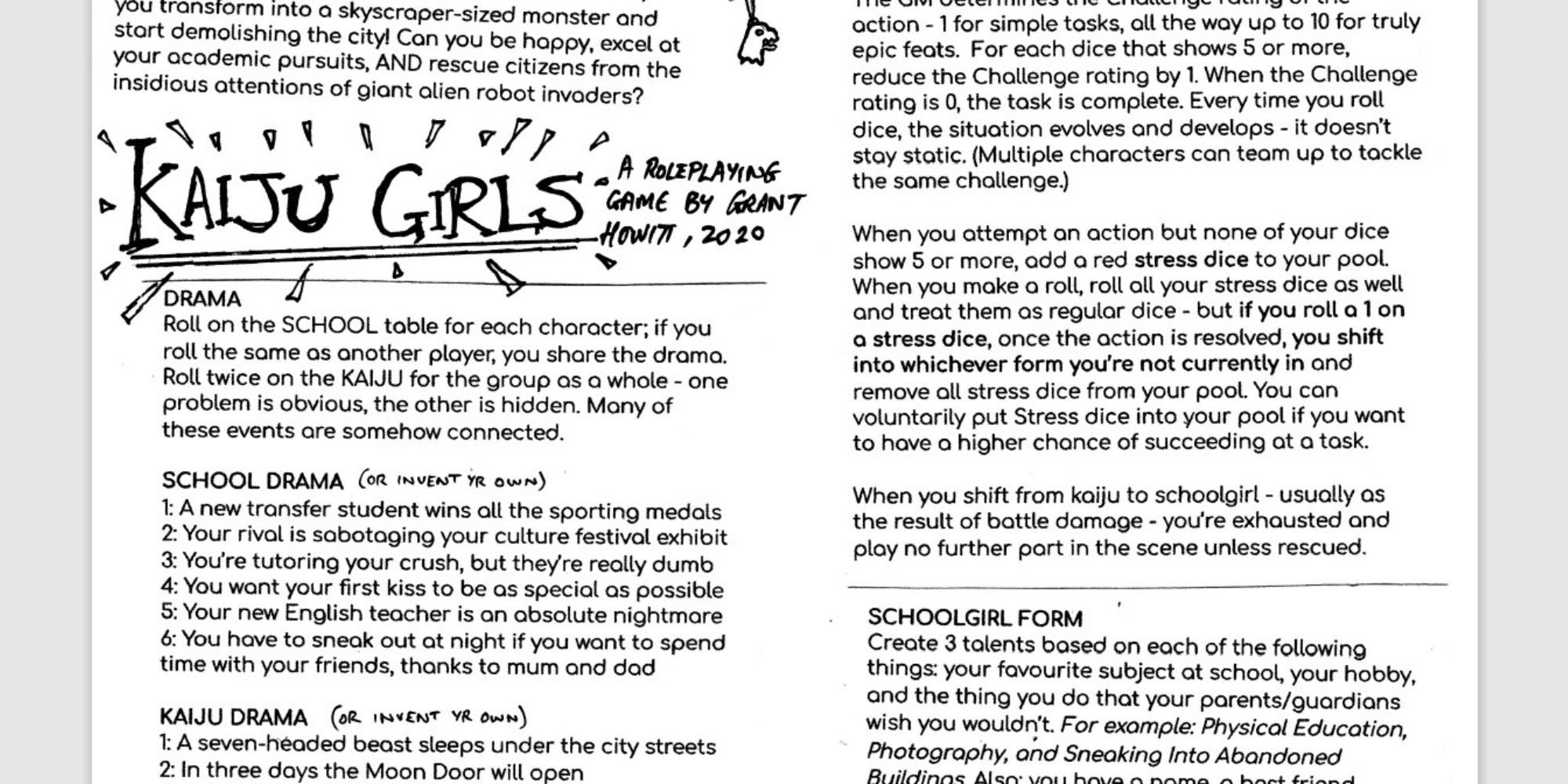 Kaiju Girls one-page RPG detailing the girls' drama and kaiju and schoolgirl forms