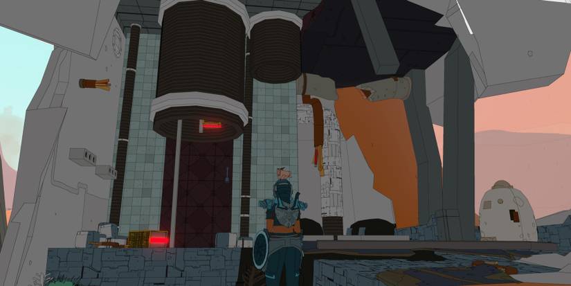 Sable standing in front of a wrecked rocket on its side