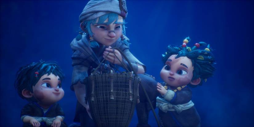 A cutscene featuring characters from Kena: Bridge of Spirits 