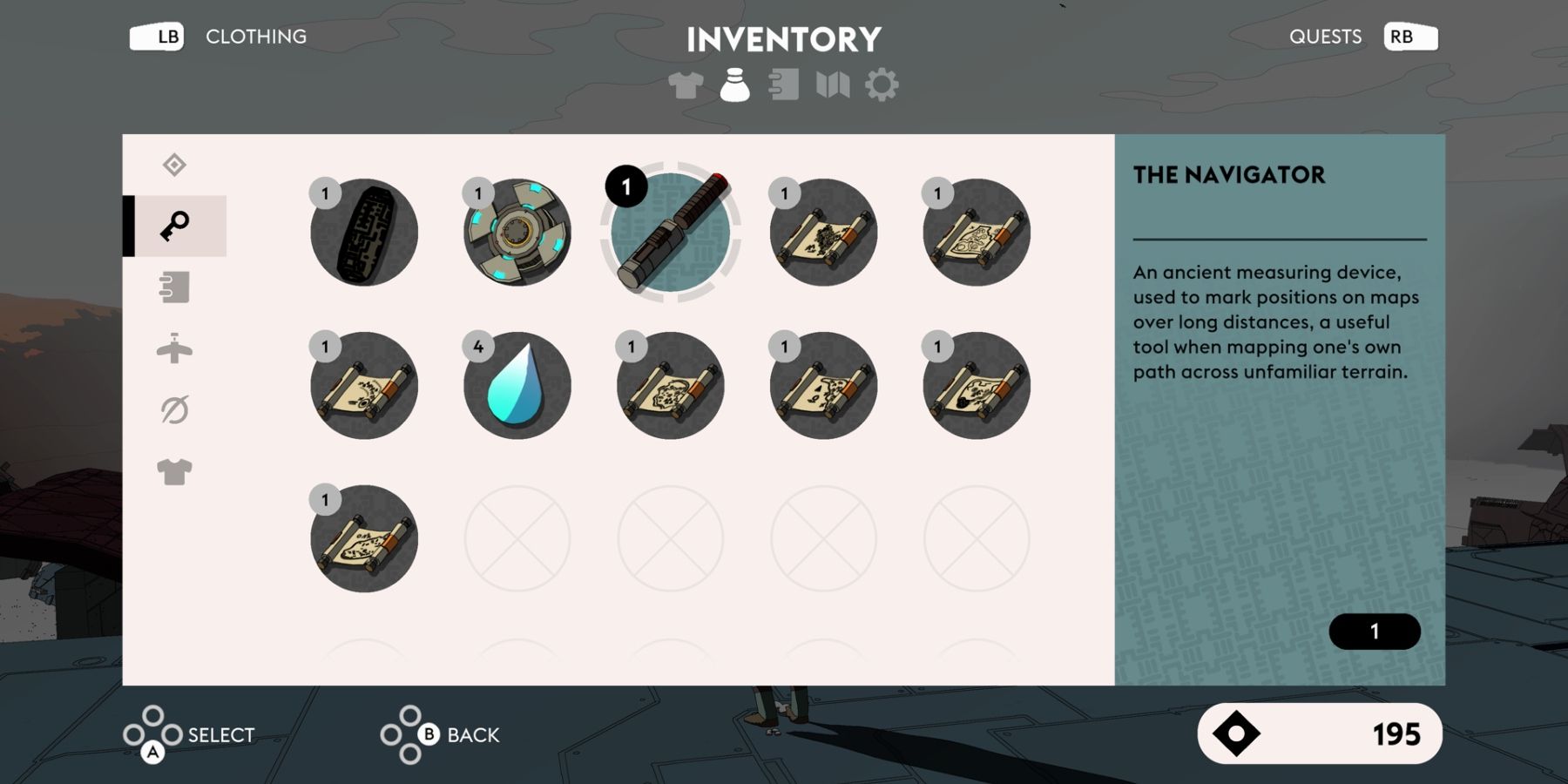 In game menu showing key items like the Navigator with explanation text on the right