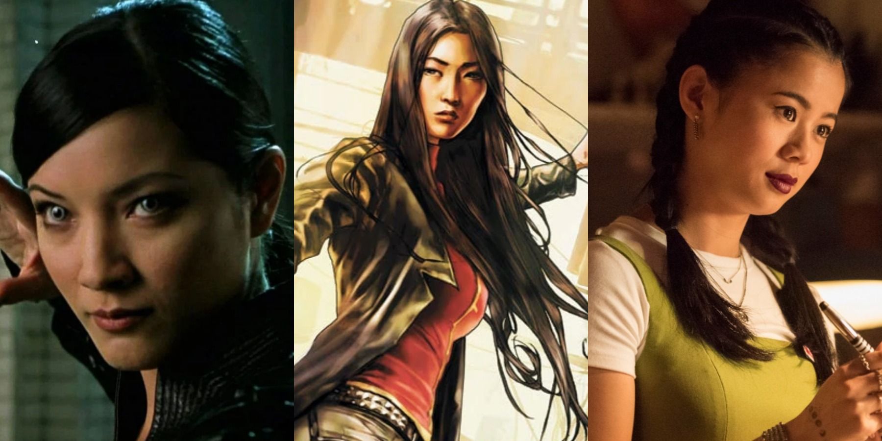 A split image depicts Kelly Hu as Lady Deathstrike, Lady Shiva in DC Comics, and Leah Lewis as George Fan