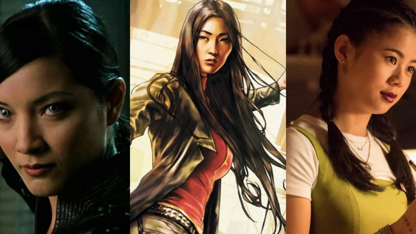A split image depicts Kelly Hu as Lady Deathstrike, Lady Shiva in DC Comics, and Leah Lewis as George Fan