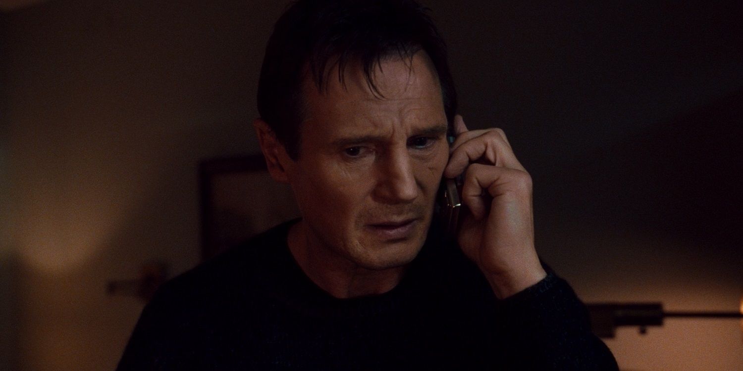 Liam Neeson speaking on the phone in Taken