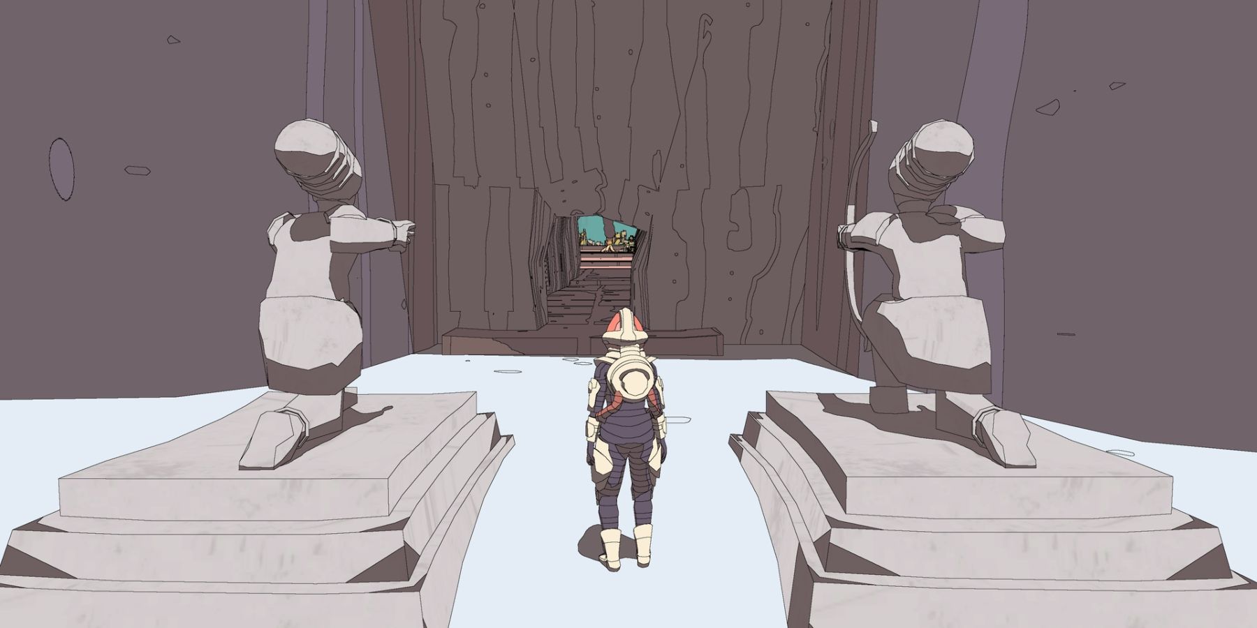 Sable standing between two archer statues in front of cave entrance