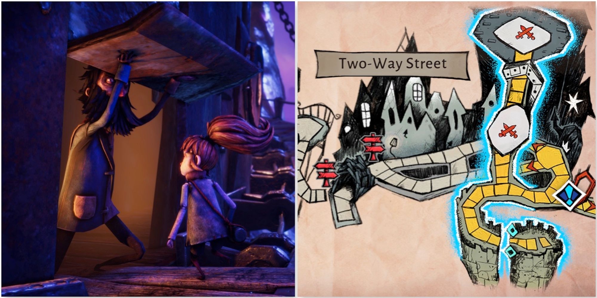 Characters in a cutscene and the map from Lost in Random