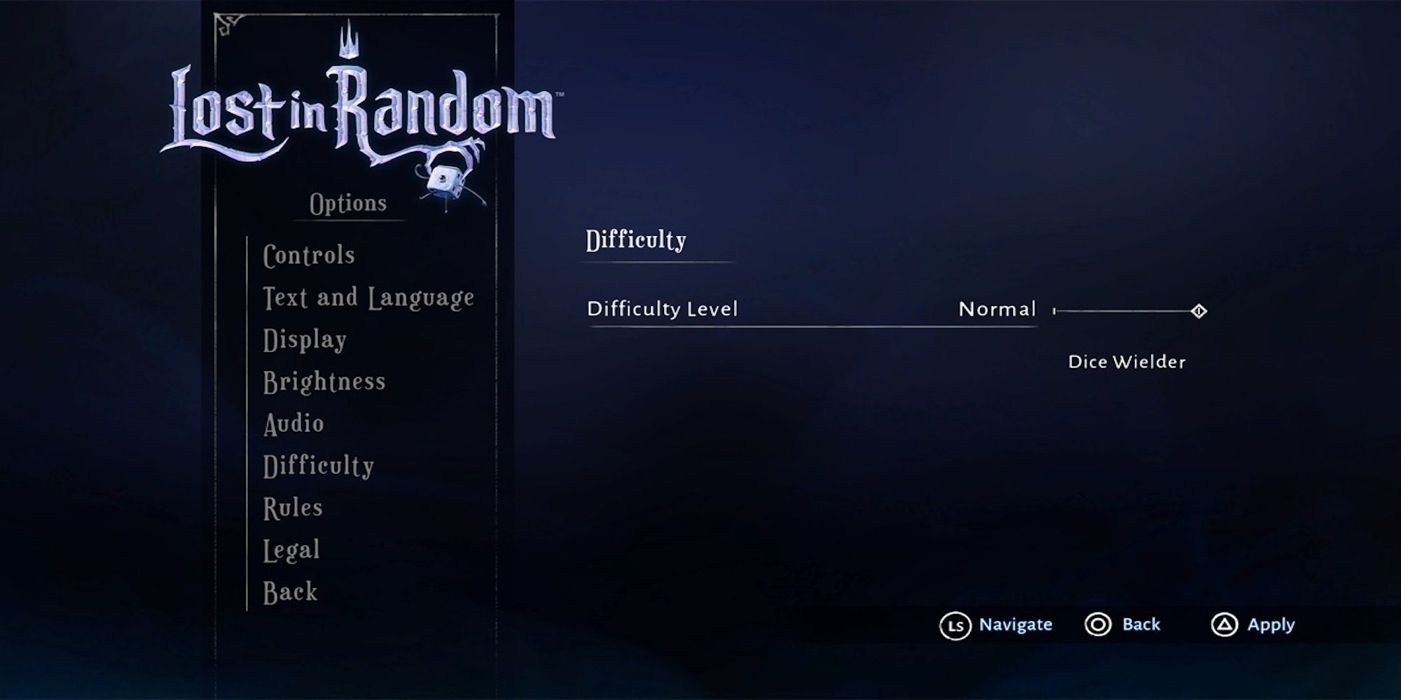 The difficulty settings from Lost in Random