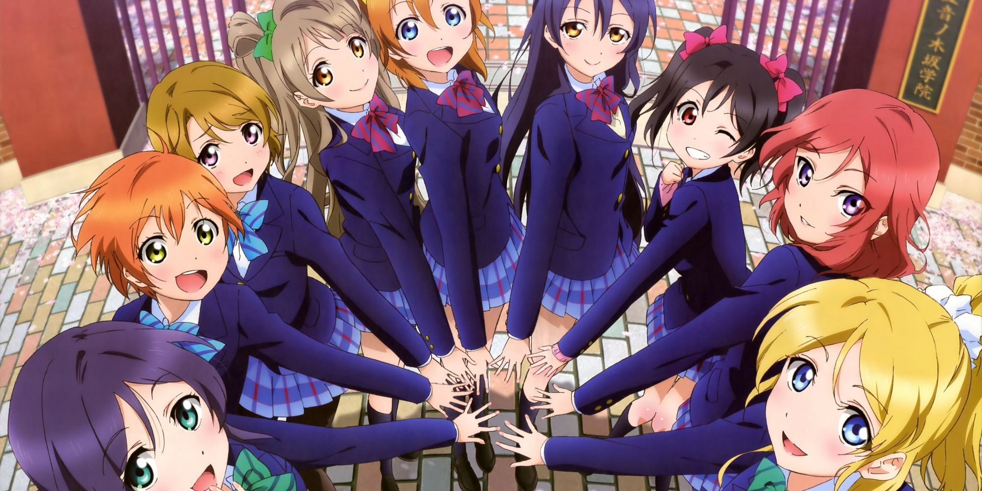 Nine characters from Love Live! School Idol Project anime putting their hands together