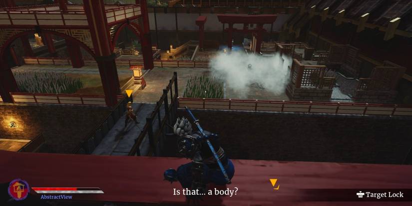 Aragami watches as guard investigates nearby bodies in Aragami 2