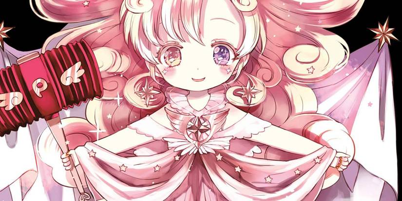 Character from Magical Girl Raising Project wearing a pink dress and holding a hammer