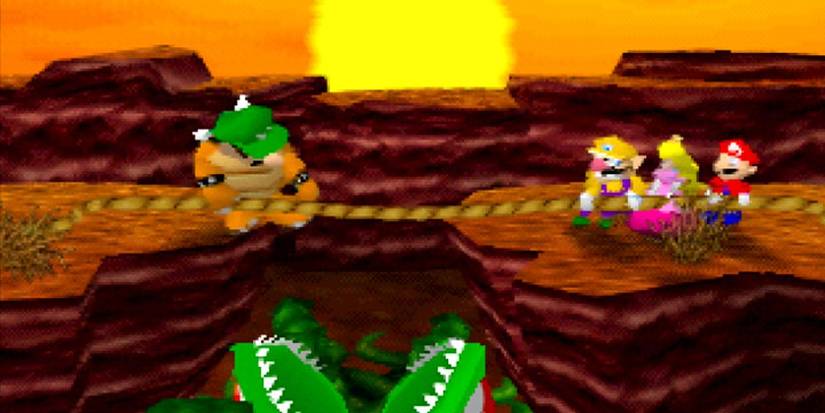 Mario Party N64 tug o war minigame facing Luigi on rocks with sunset