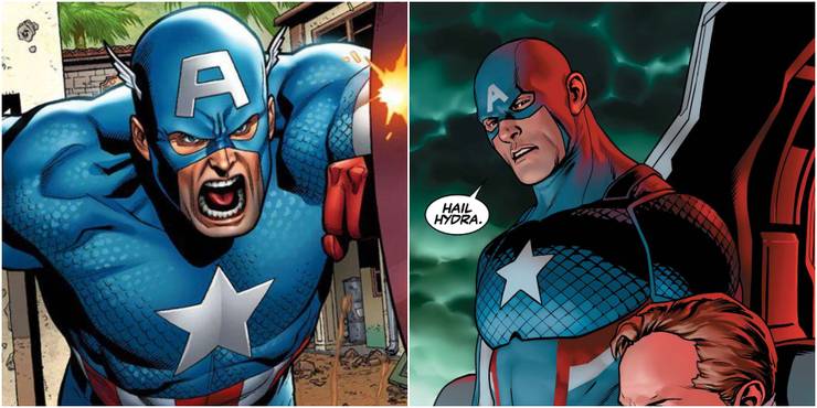 1. Captain America. It was a shocking experience for the Marvel fans to see Captain America, the boy scout of Avengers, utter "Hail Hydra" during the Secret Empire storyline. It turned out that Steve was controlled by the Hydra Supreme, making him an agent for Hydra.