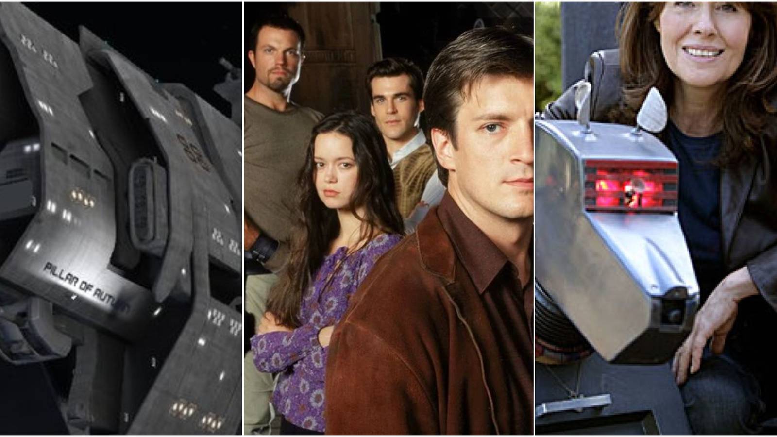 Split image The Pillar of Autumn from Halo, the cast of Firefly, and KEI-9 from The Sarah Jane Adventures.