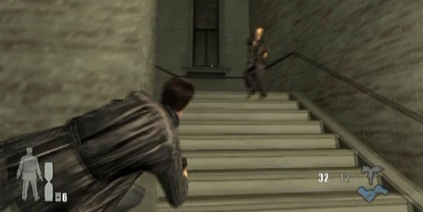 blurred shot of firing at enemy on the stairwell in Max Payne PS2
