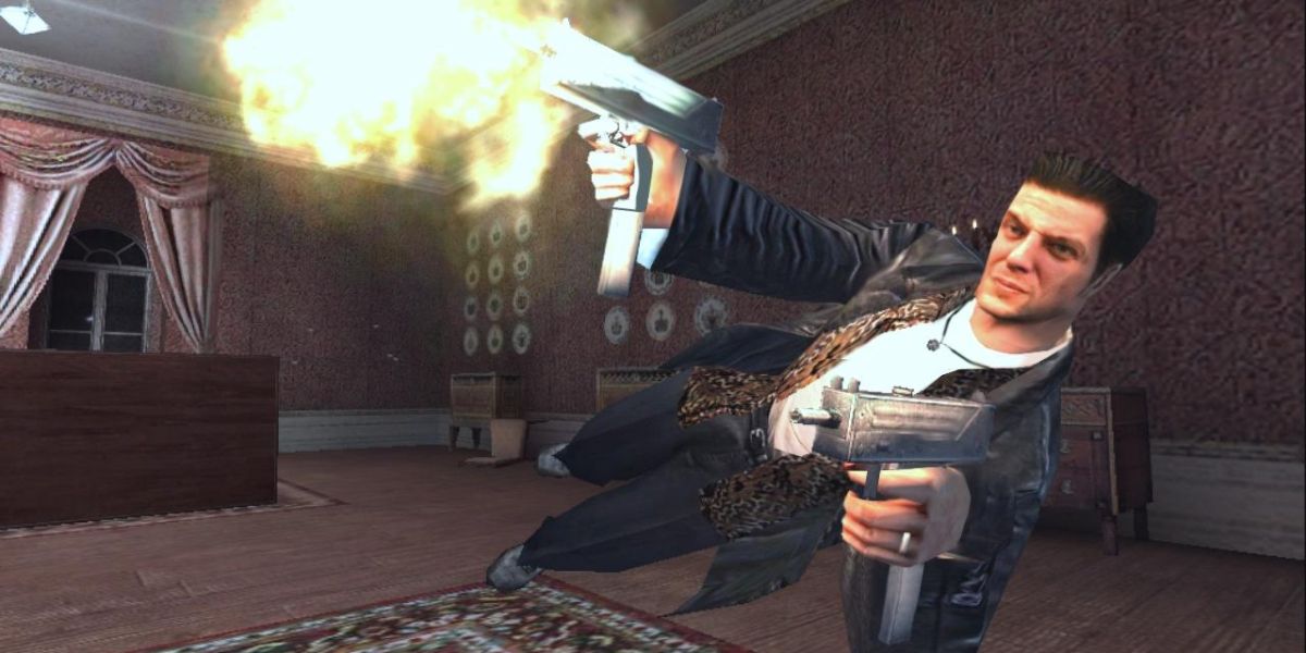Max Payne leaping and shooting in bullet time
