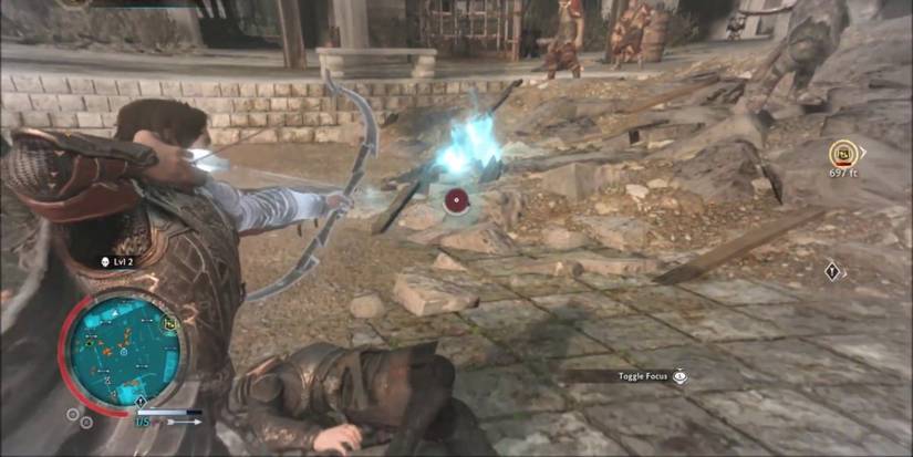 Middle Earth Shadow of War Talion aiming the bow at a fire Cropped