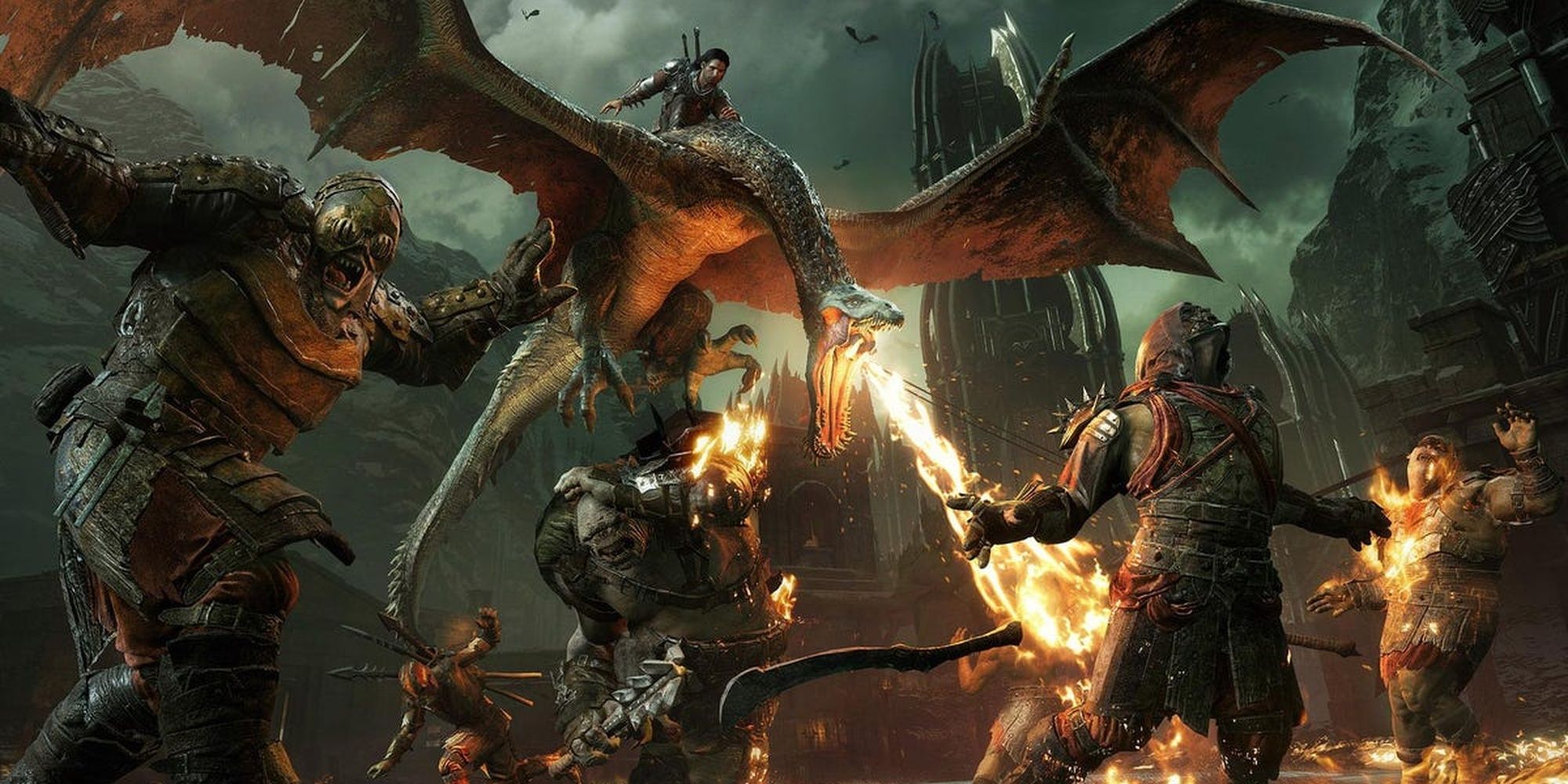 Middle-Earth Shadow of War Talion burning orcs from atop a dragon Cropped