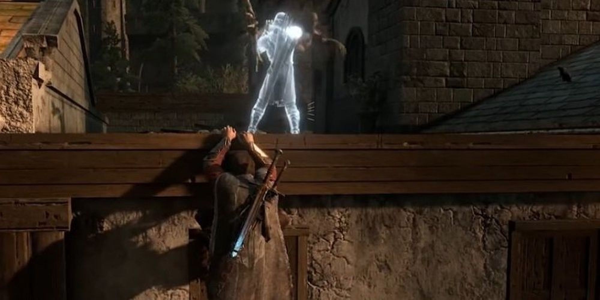 Middle-Earth Shadow of War Talion hanging from a ledge while a wraith copy kills an orc Cropped