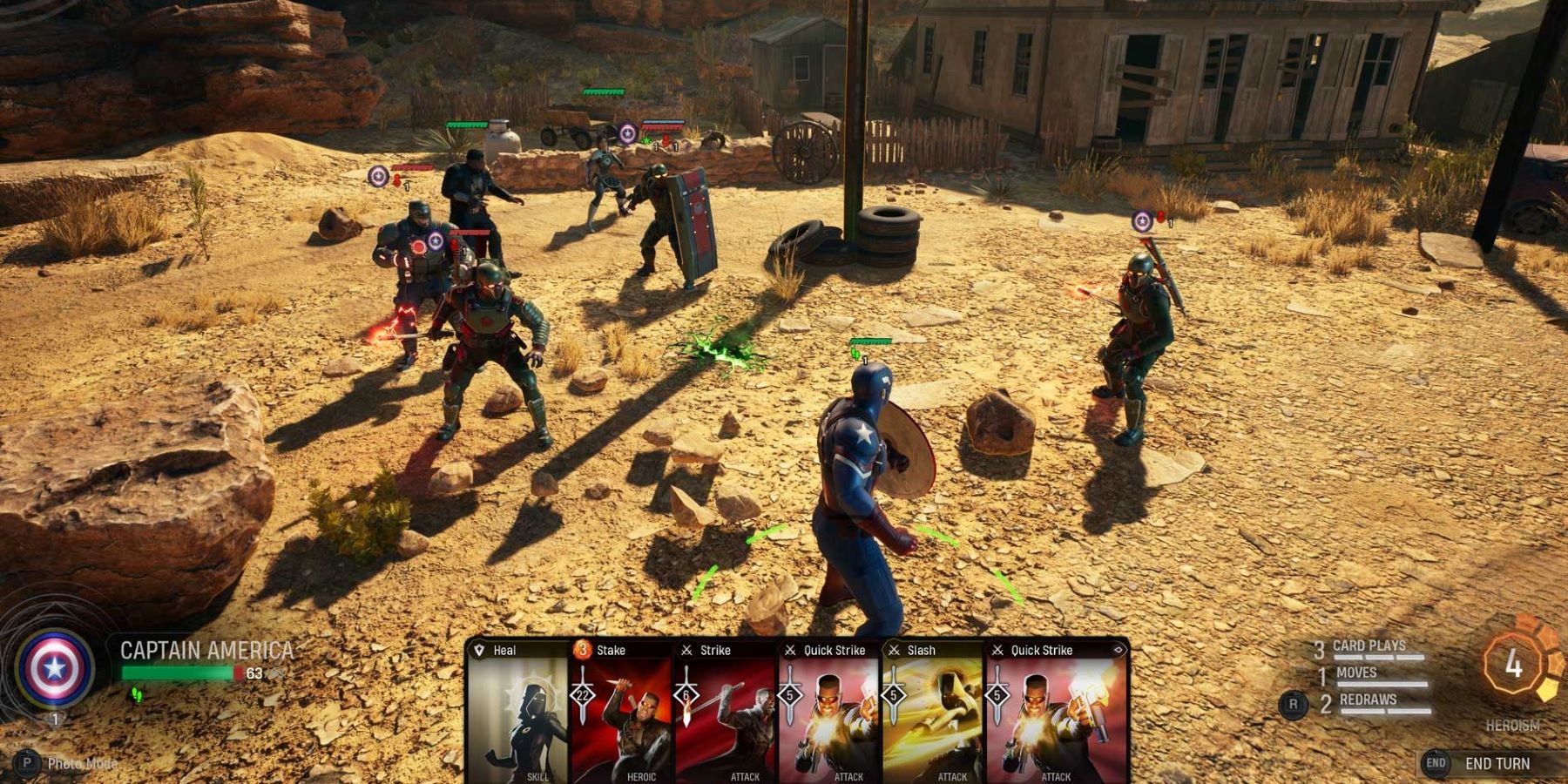 Captain America, Blade, and the Hunter fighting HYDRA agents in the desert in Marvel's Midnight Suns