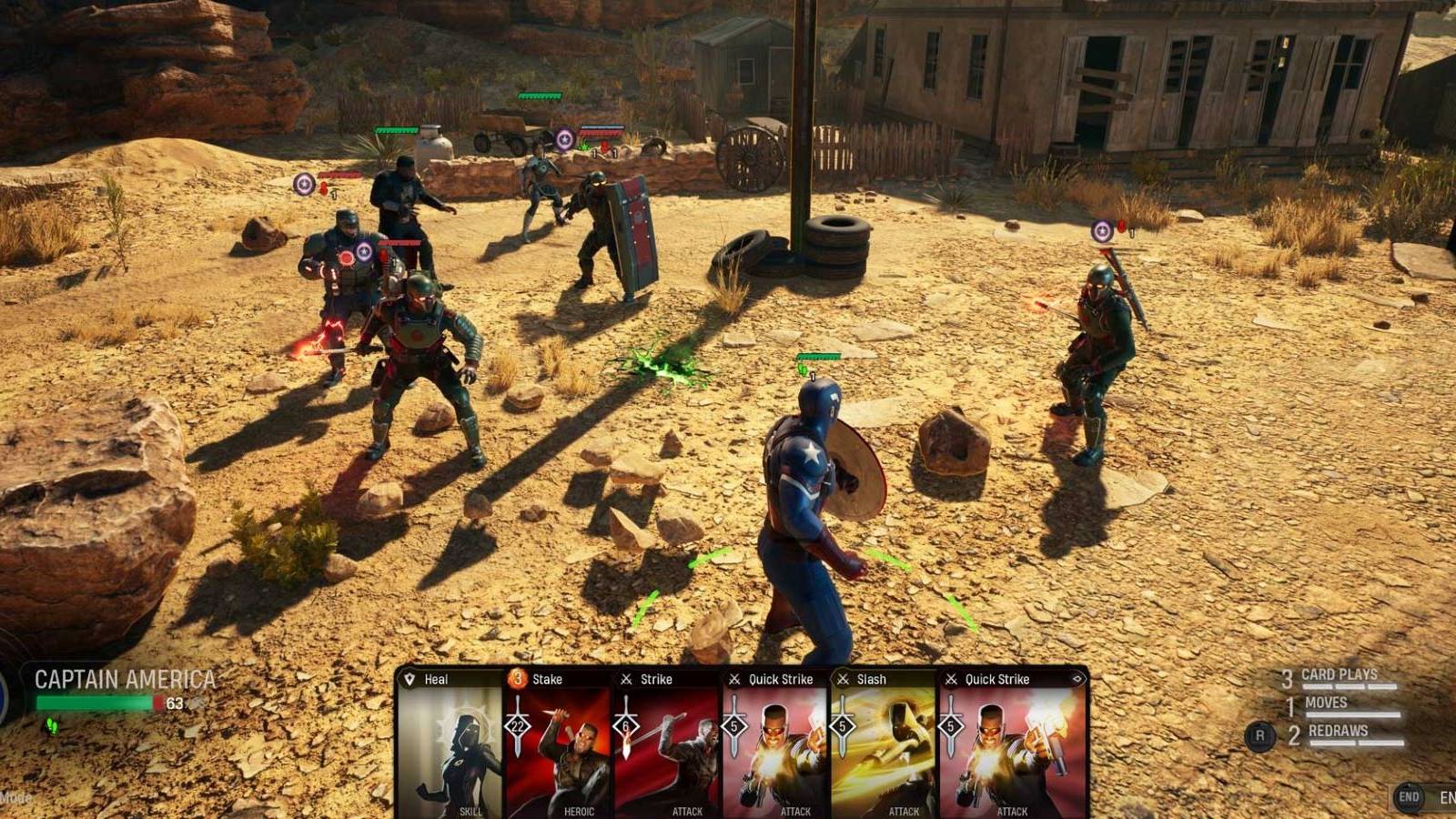 Captain America, Blade, and the Hunter fighting HYDRA agents in the desert in Marvel's Midnight Suns