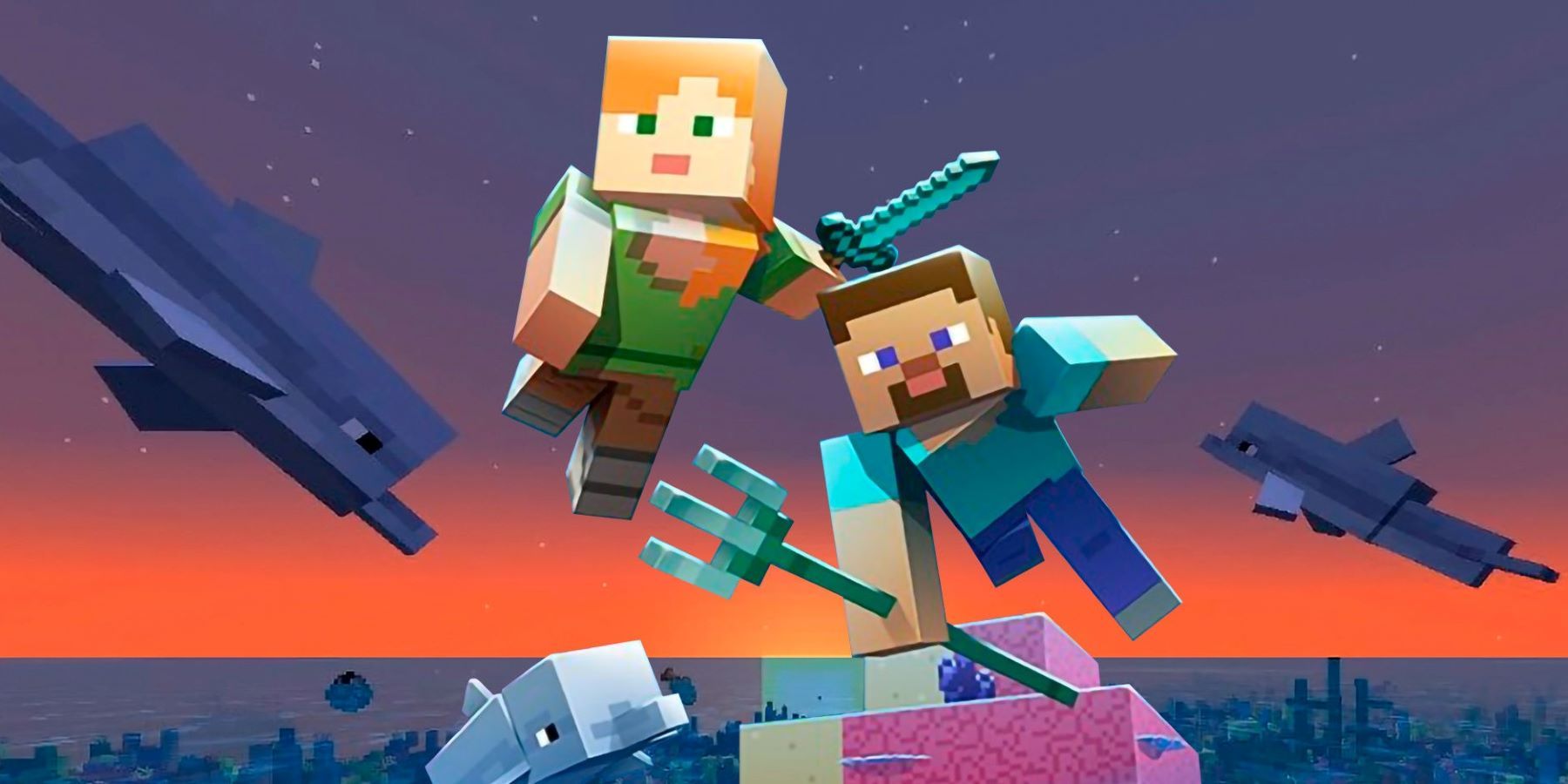 Промо-арт для Minecraft Update Aquatic, изображающий Стива и Алекса, плавающих с трезубцем и несколькими дельфинами на коралловом рифе.