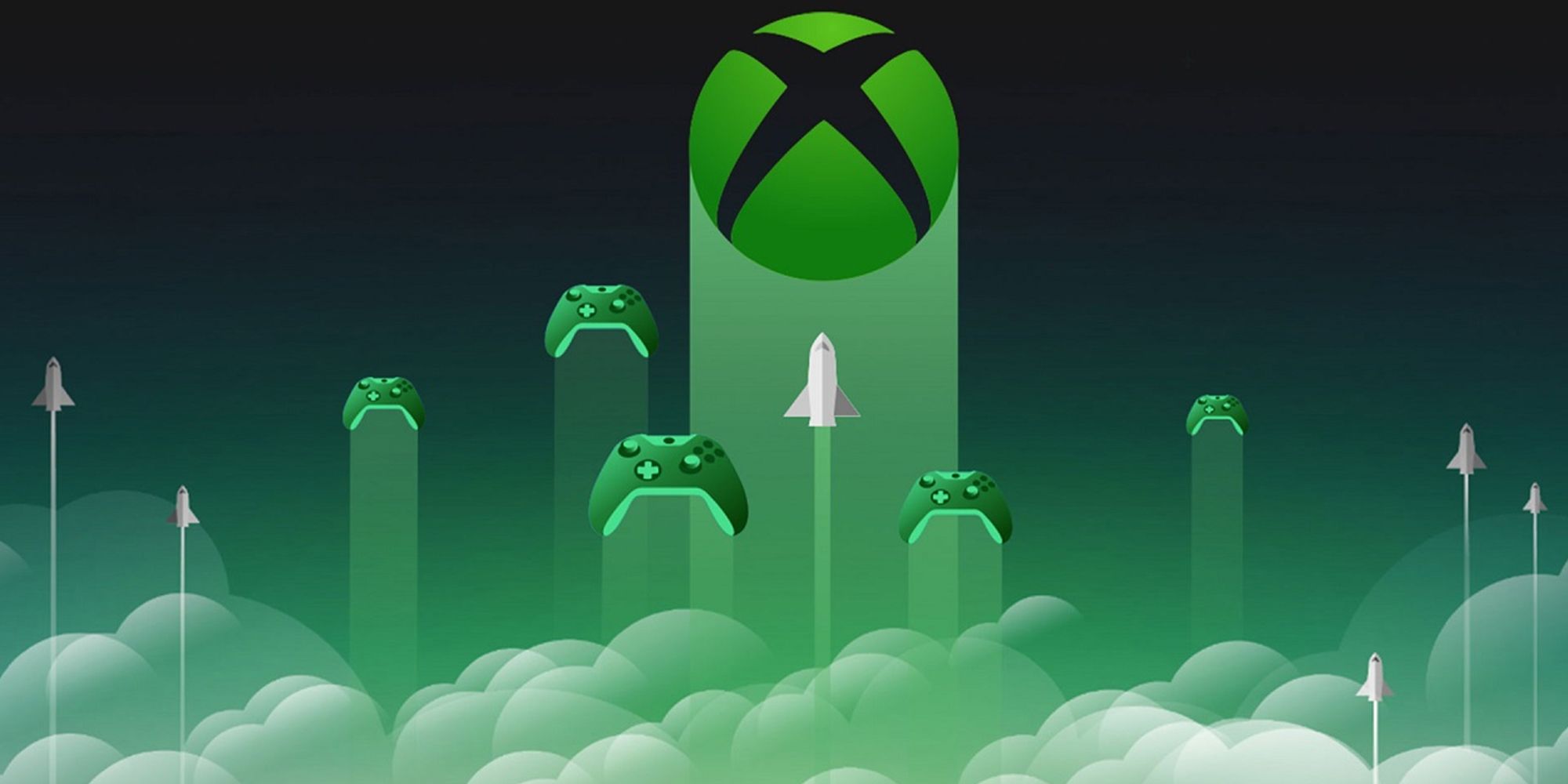 Minimalist Official Xbox Art With Controllers Breaching The Clouds Side by Side With Jets