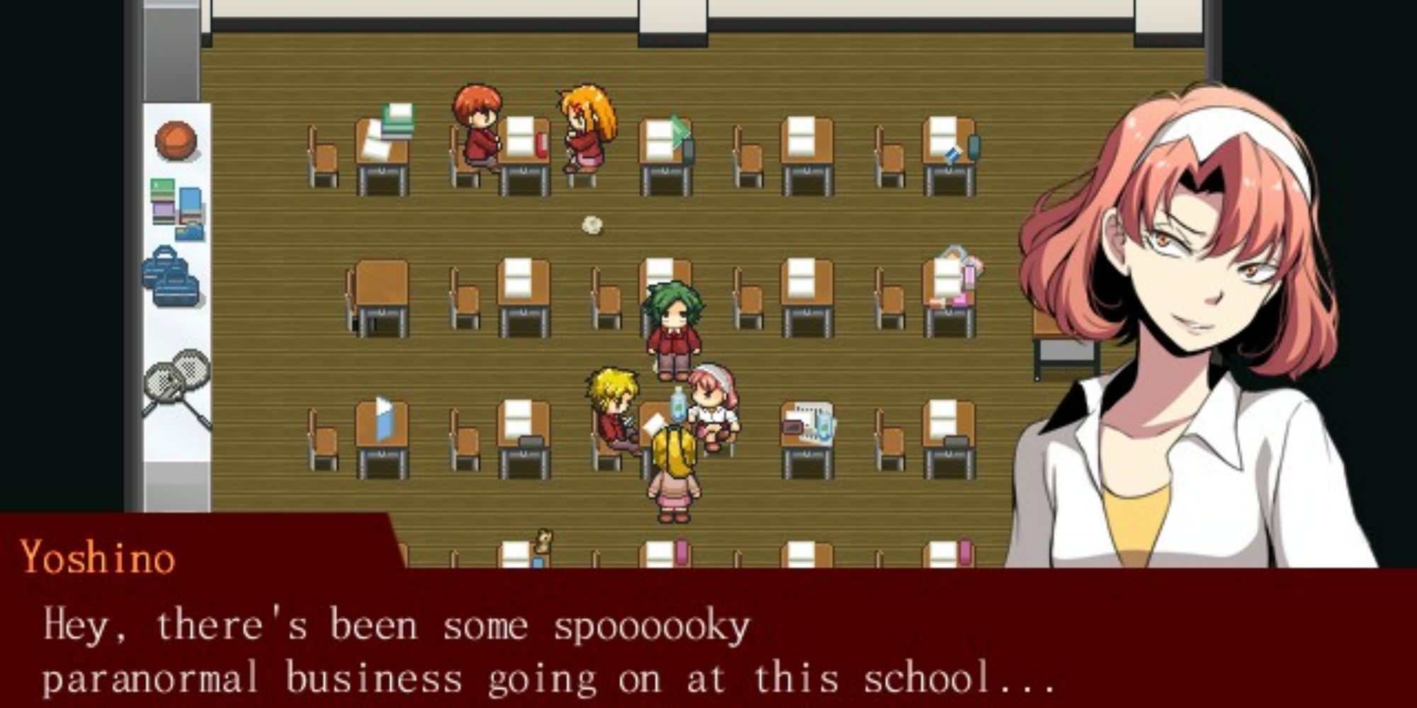 Yoshino talking to other students in the classroom in Misao