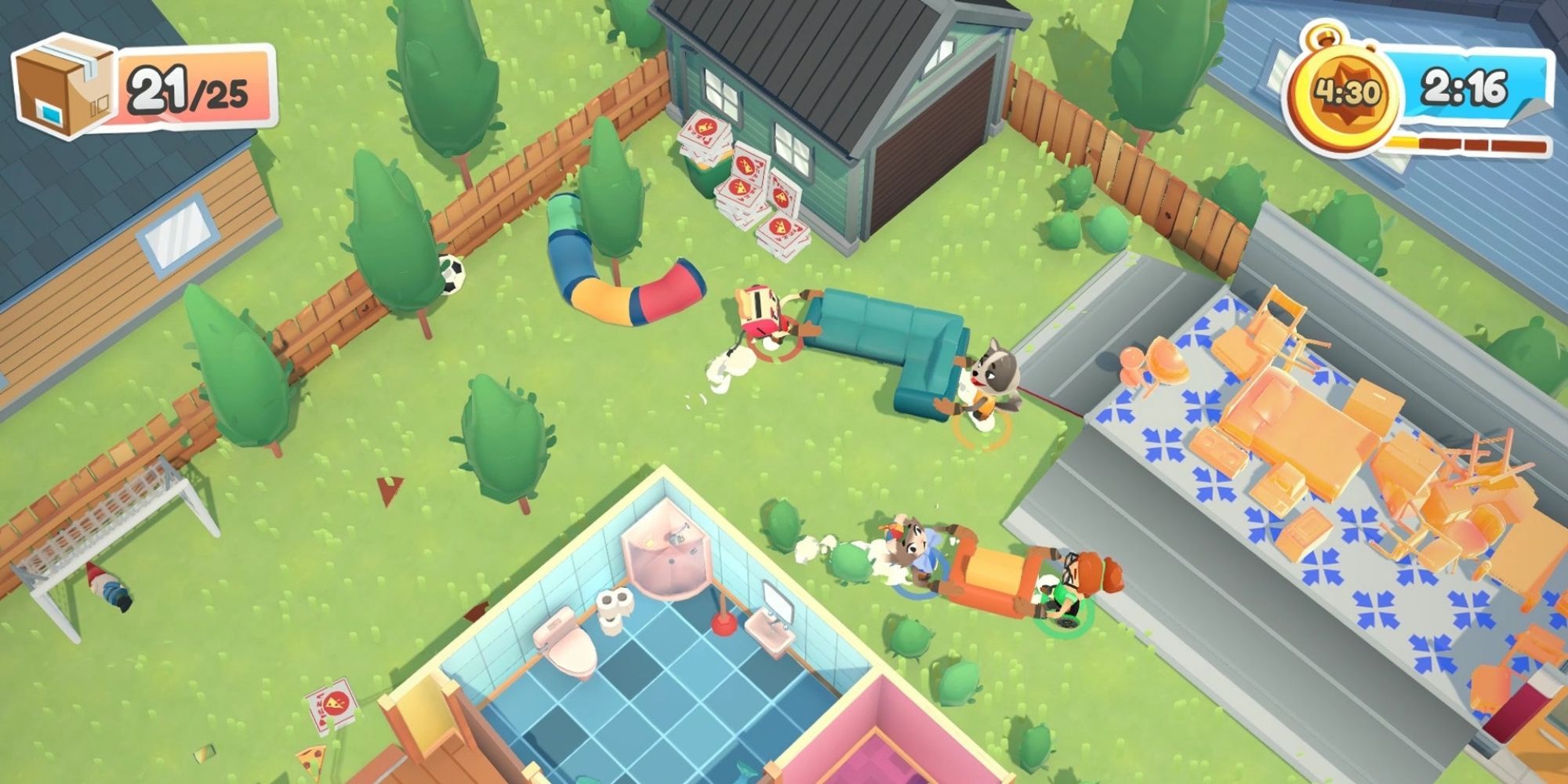 Topdown view of a Moving Out level with 4 players and 2 minutes and 16 seconds left