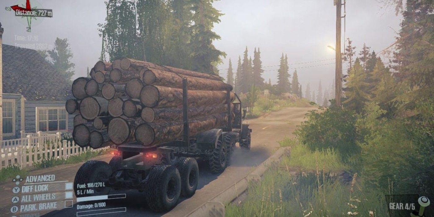 Truck hauling logs from behind in woodlands in MudRunner American Wilds Switch