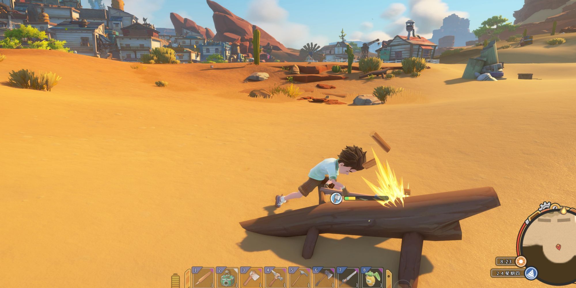 A farmer in My time at Sandrock hacks a log with an ax in the desert
