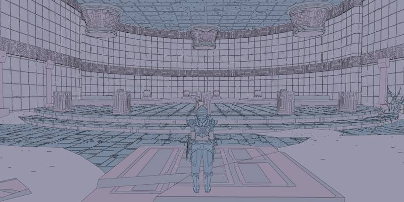 A mysterious ruin with several pedestals in front of Sable