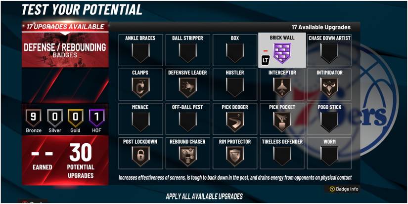 NBA 2K22 Brick Wall Defense And Rebounding Badge Description