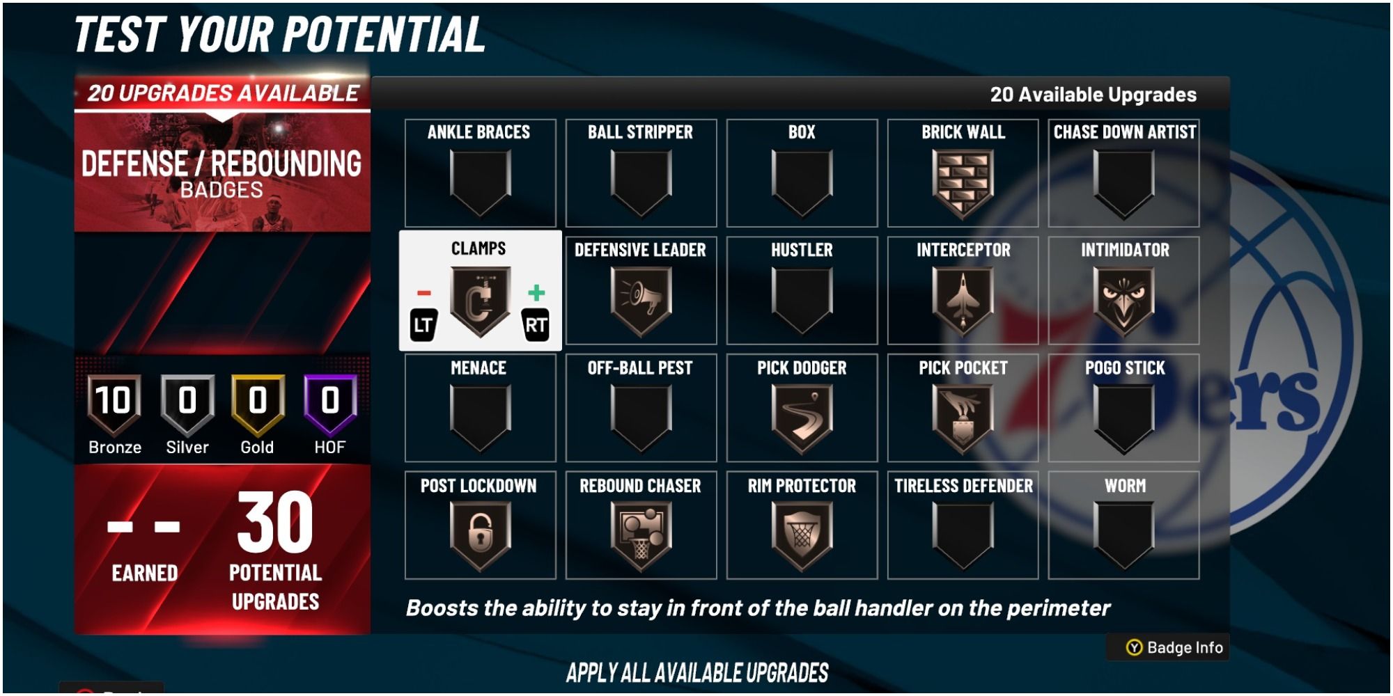 NBA 2K22 Clamps Defense And Rebounding Badge Description