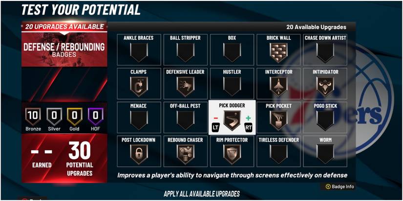 NBA 2K22 Pick Dodger Defense And Rebounding Badge Description