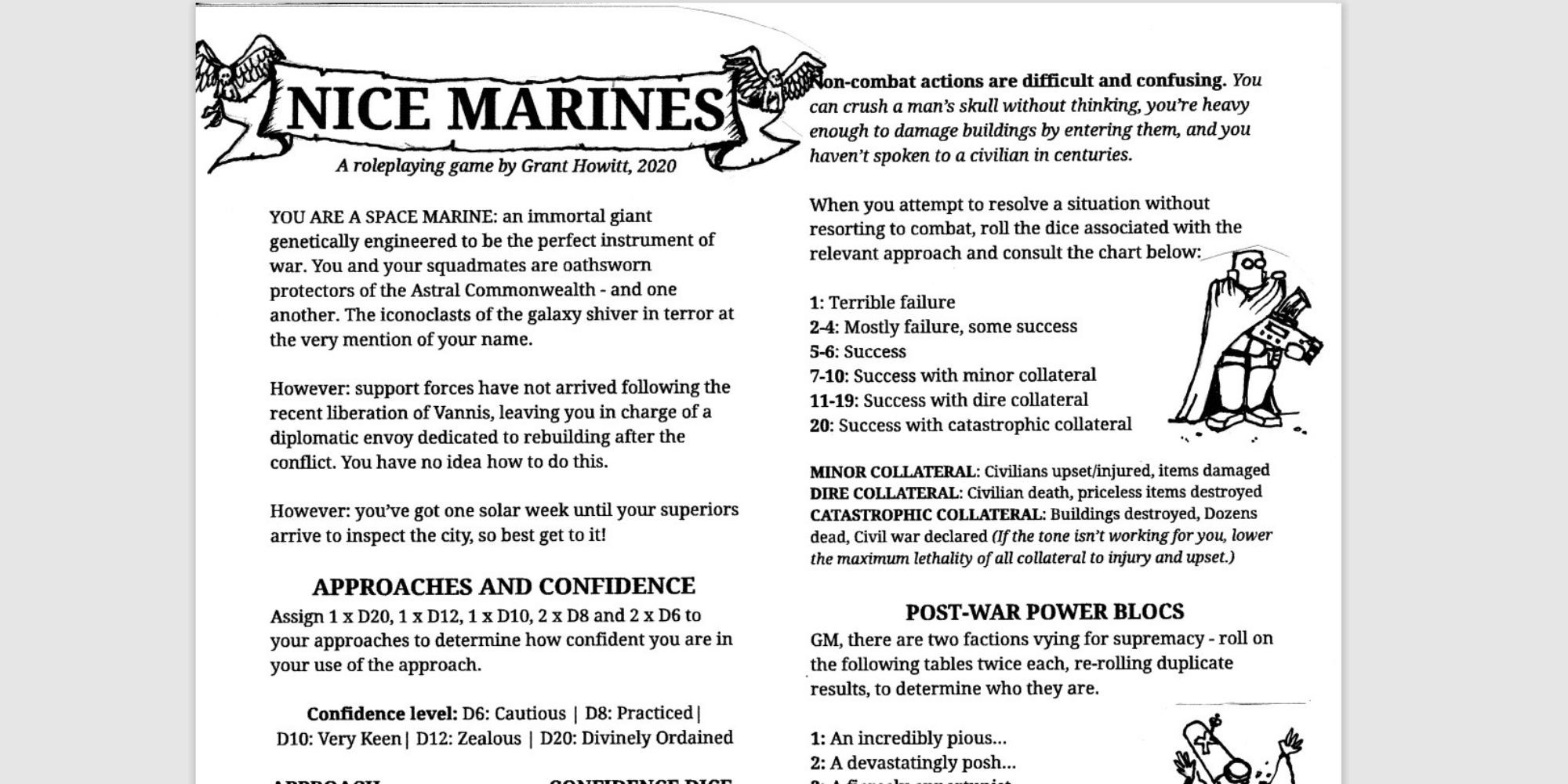 Nice Marines one-page RPG with doodle of a marine in armor and cloak
