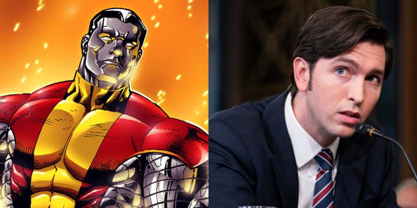 Split image of Nicholas Braun in Succession and Colossus in X-Men