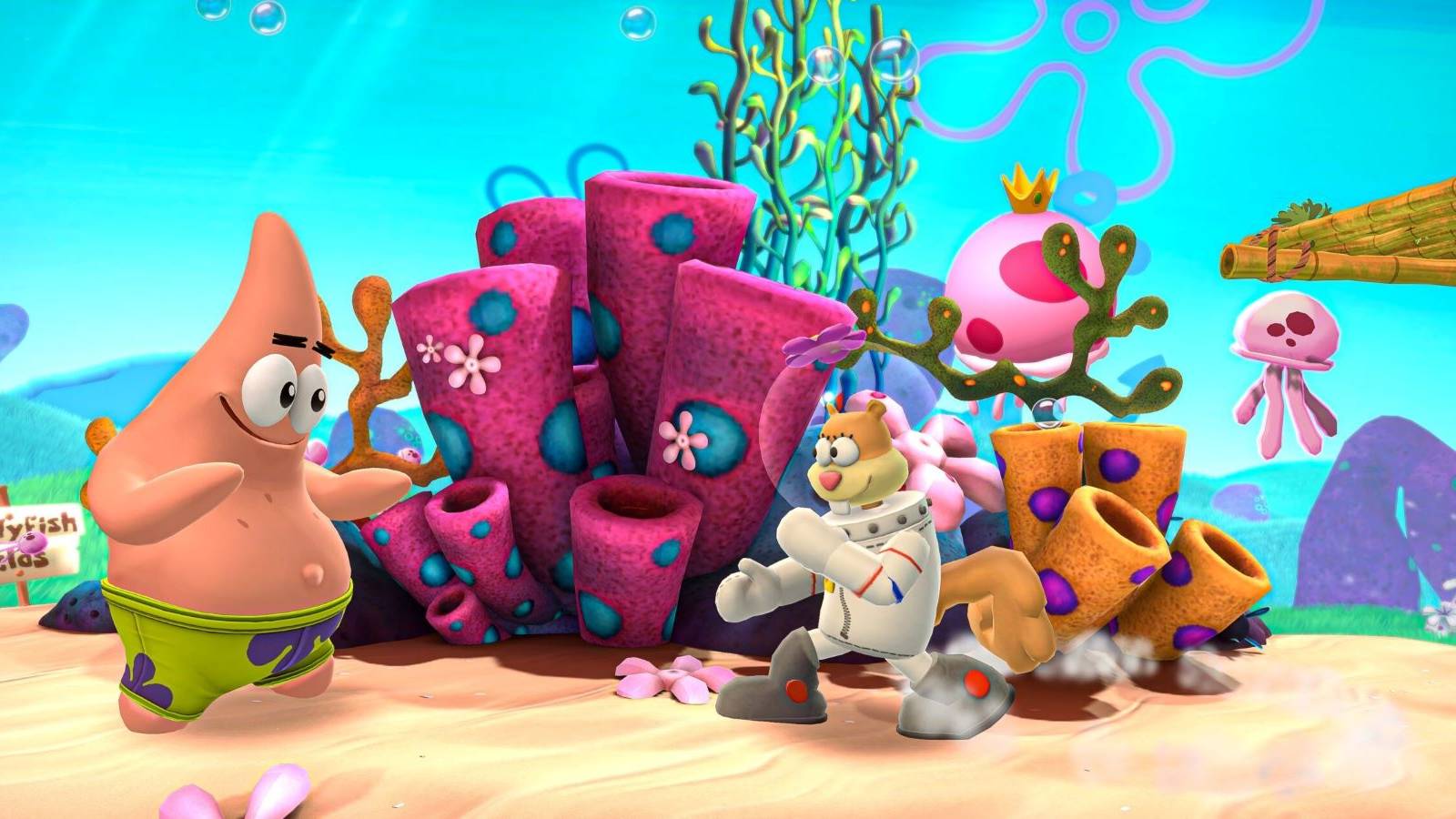 Patrick Star and Sandy Cheeks fighting on the SpongeBob SquarePants themed stage Jellyfish Fields in Nickelodeon All-Star Brawl