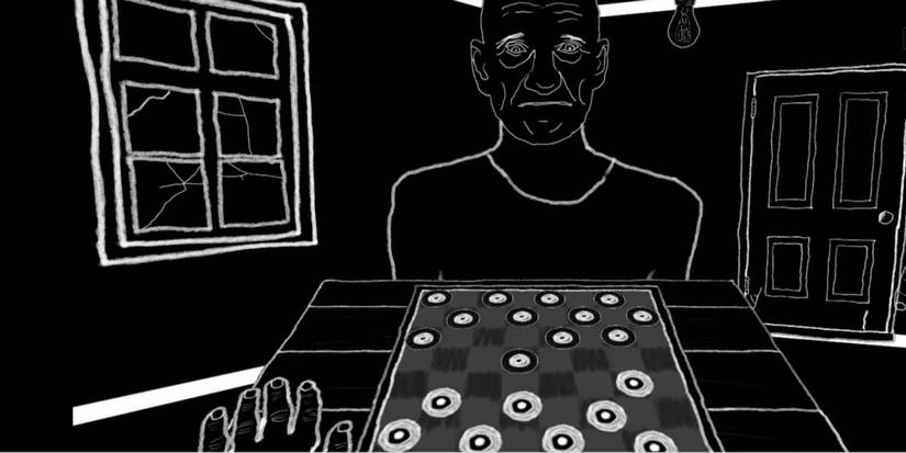 The characters play checkers in a crumbling house in One Last Game