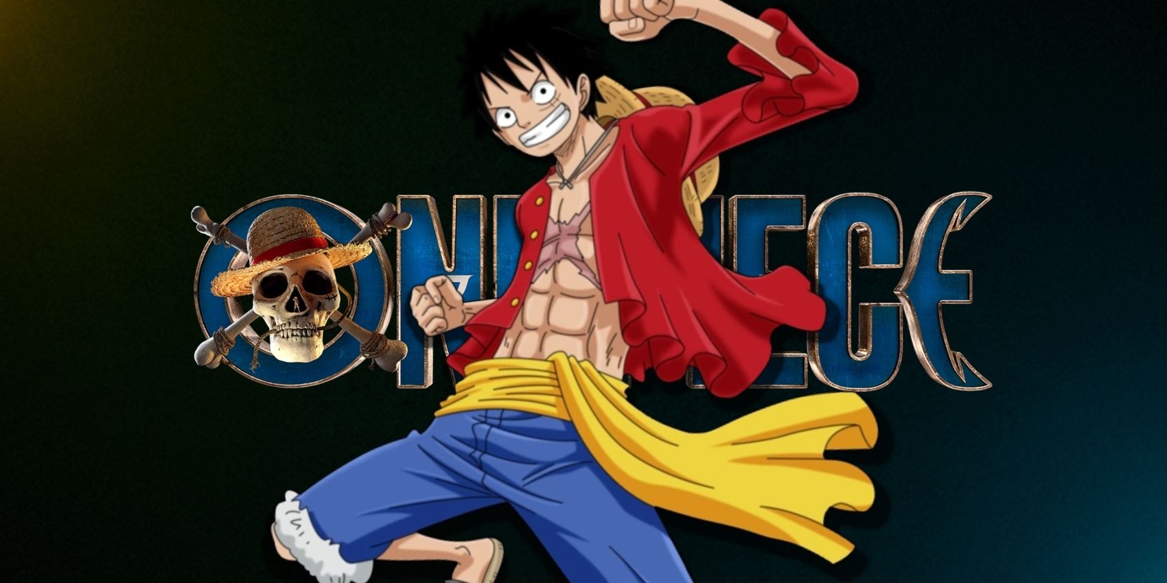 Monkey D. Luffy from the 'One Piece' anime posing over the logo for Netflix's live-action adaptation of the manga series