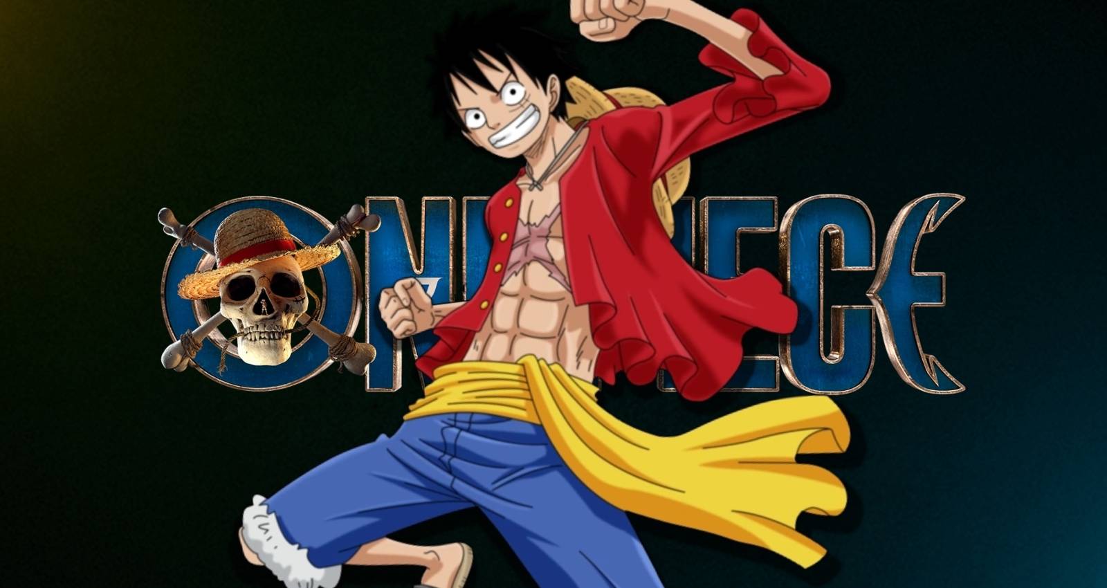 Monkey D. Luffy from the 'One Piece' anime posing over the logo for Netflix's live-action adaptation of the manga series